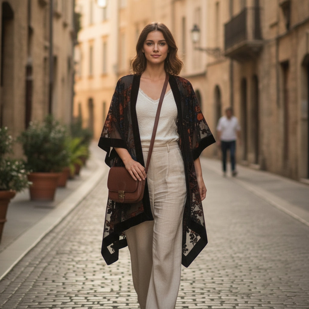 Kimono Court Fleuri en Nylon et Velours - Style National