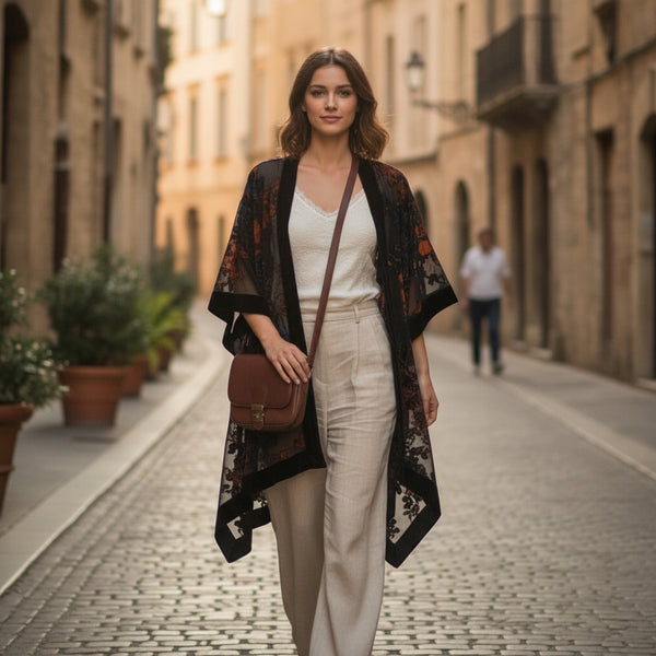 Kimono Court Fleuri en Nylon et Velours - Style National