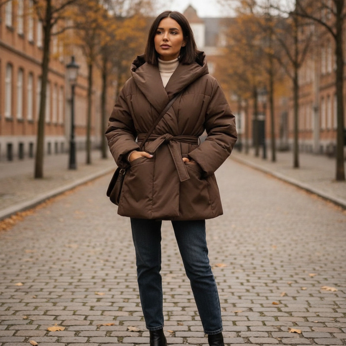 Doudoune Femme Chaude avec Capuche et Fermeture par Ceinture