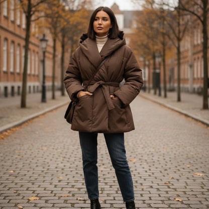 Doudoune Femme Chaude avec Capuche et Fermeture par Ceinture