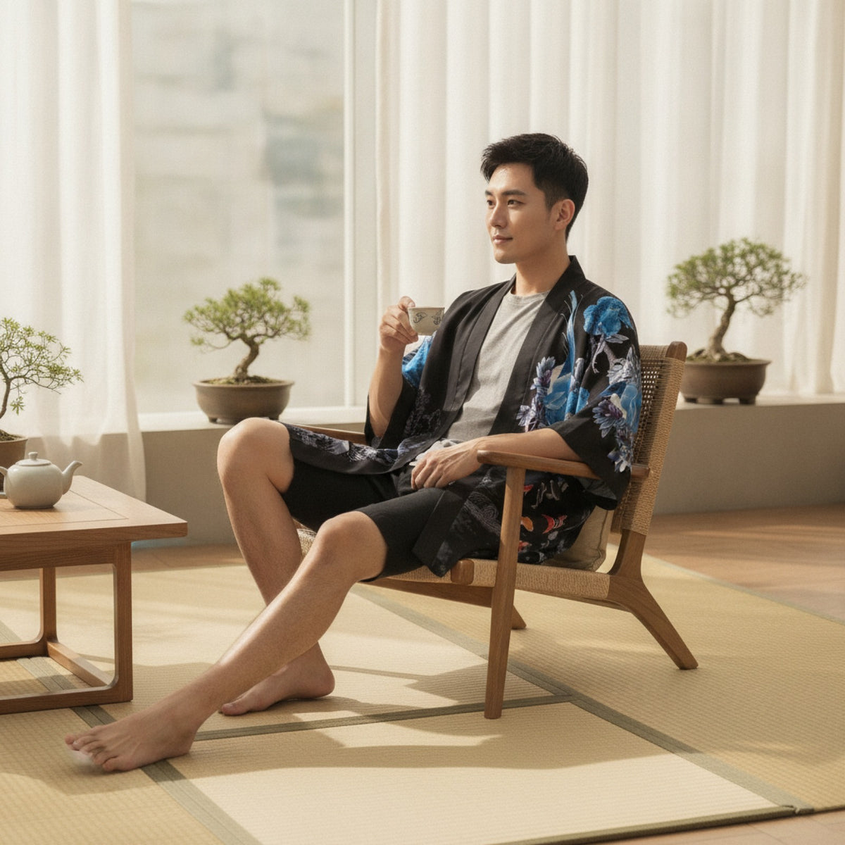 Kimono Court Homme Polyester Style Asiatique Traditionnel