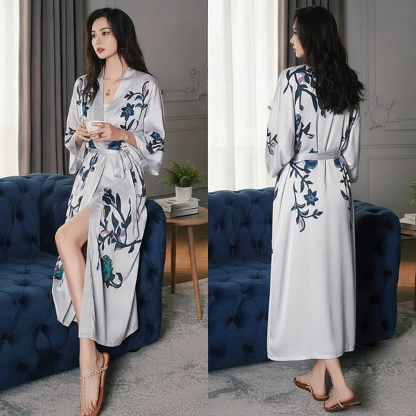 Kimono Long Fleuri en Satin Noir pour Femme - Taille Unique