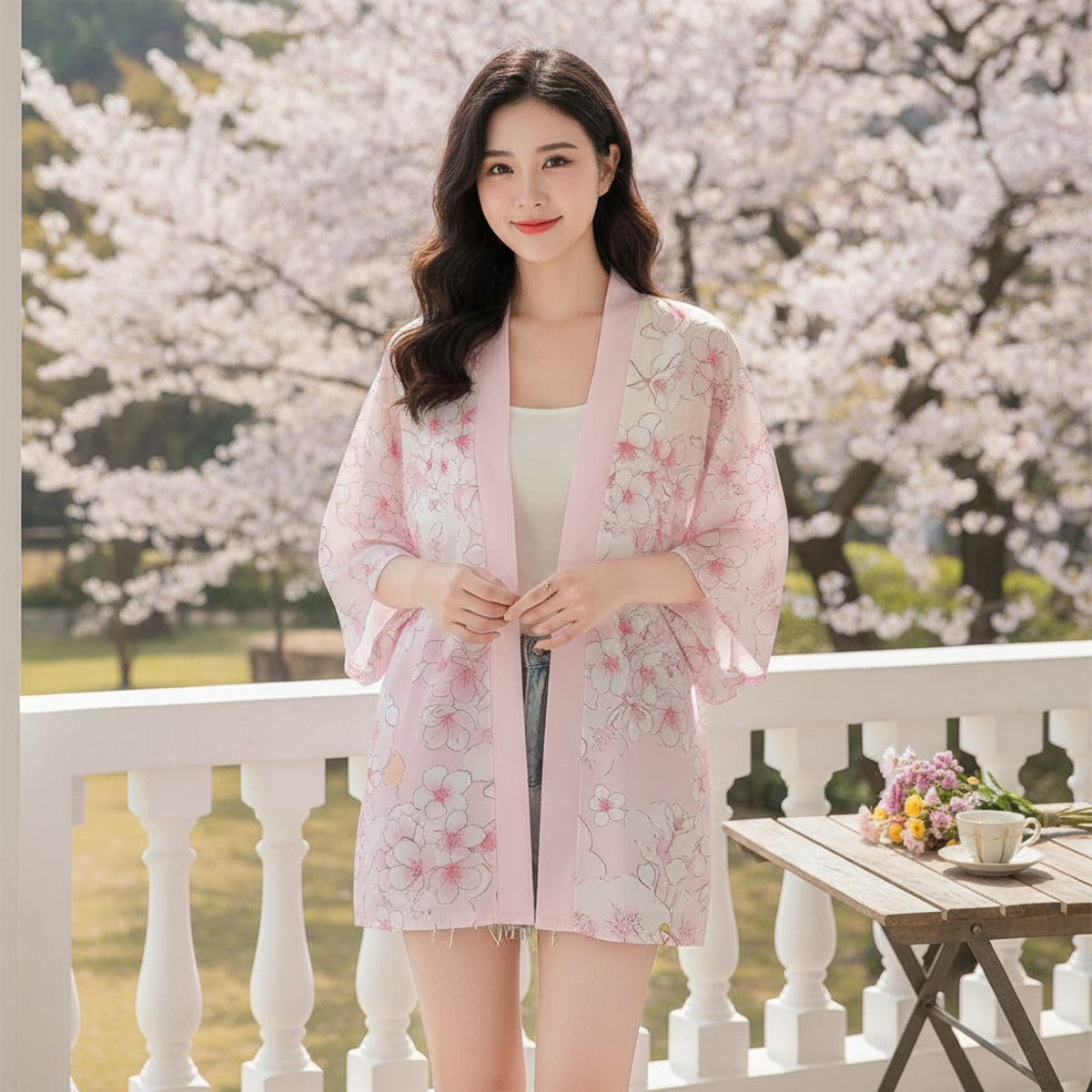 Kimono Court Fleuri Polyester Wifru Femme - Manches Trois-Quarts