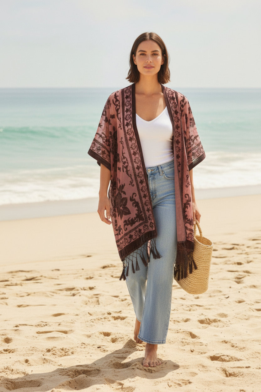 Kimono Court Fleuri Transparent en Dentelle pour Femme - WeHello