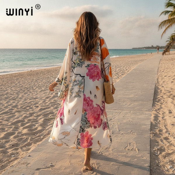Kimono Long Fleuri Bohème Polyester Femme - Style Été Léger