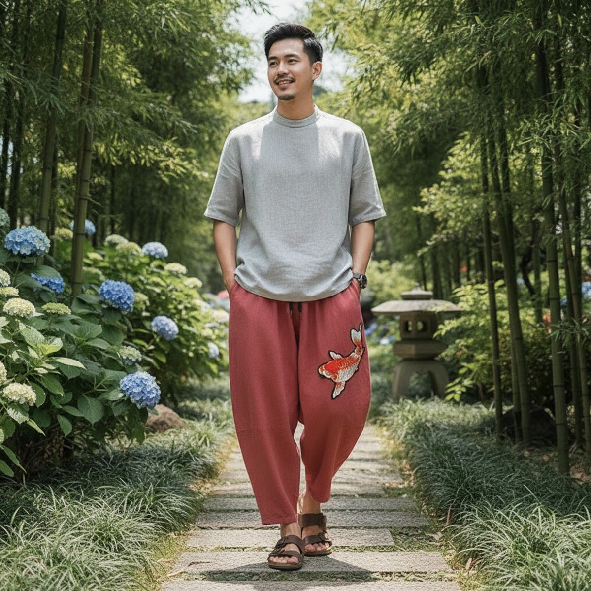Pantalon court d'été ample en lin pour homme, style chinois