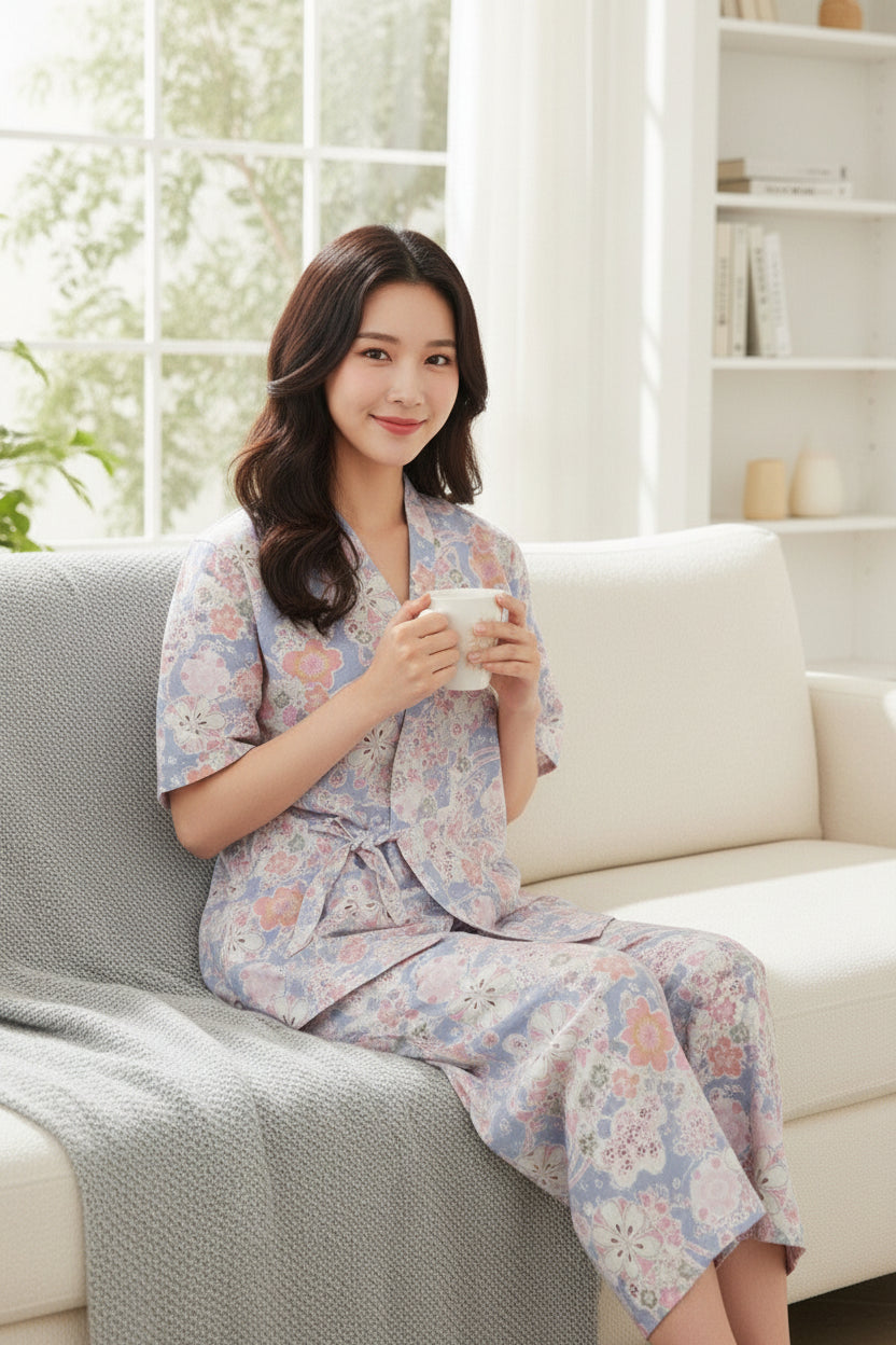 Pyjama Femme en Coton Imprimé V-Neck - CLOUD COTTON STORY