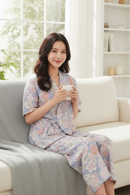 Pyjama Femme en Coton Imprimé V-Neck - CLOUD COTTON STORY