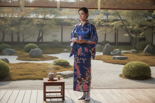 Kimono Femme Traditionnel Fleuri Satiné - Taille Unique