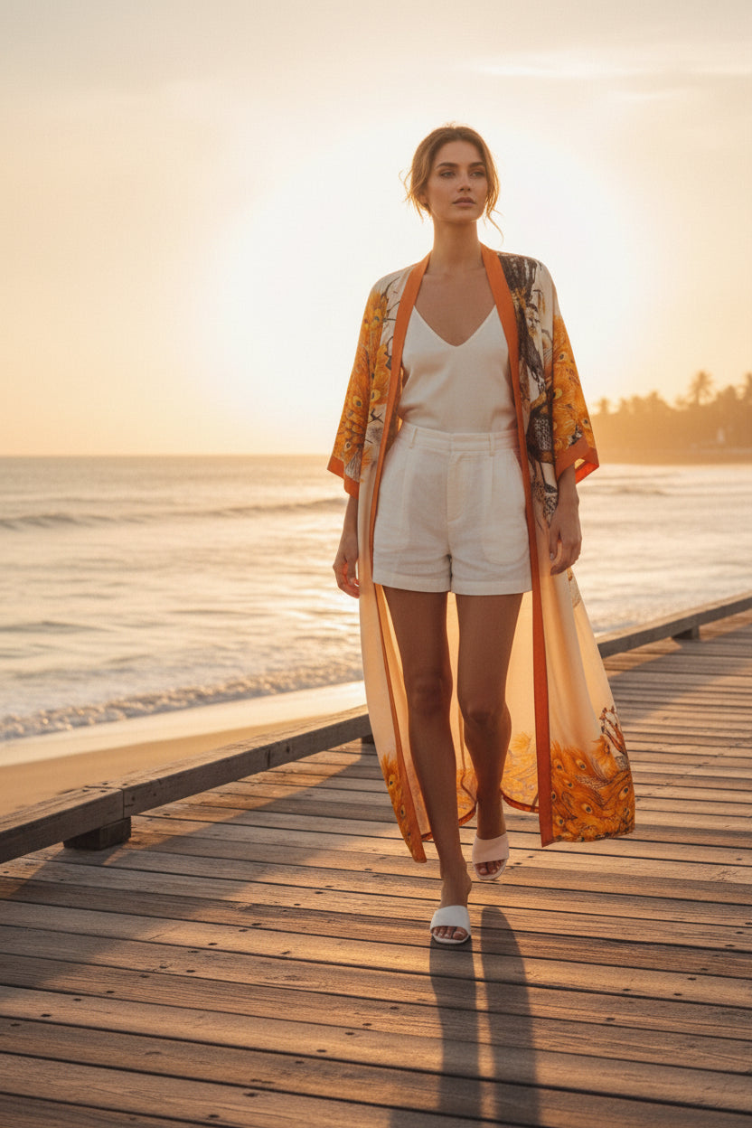 Kimono Long Bohème Imprimé Polyester Femme - Style Léger et Ethnique