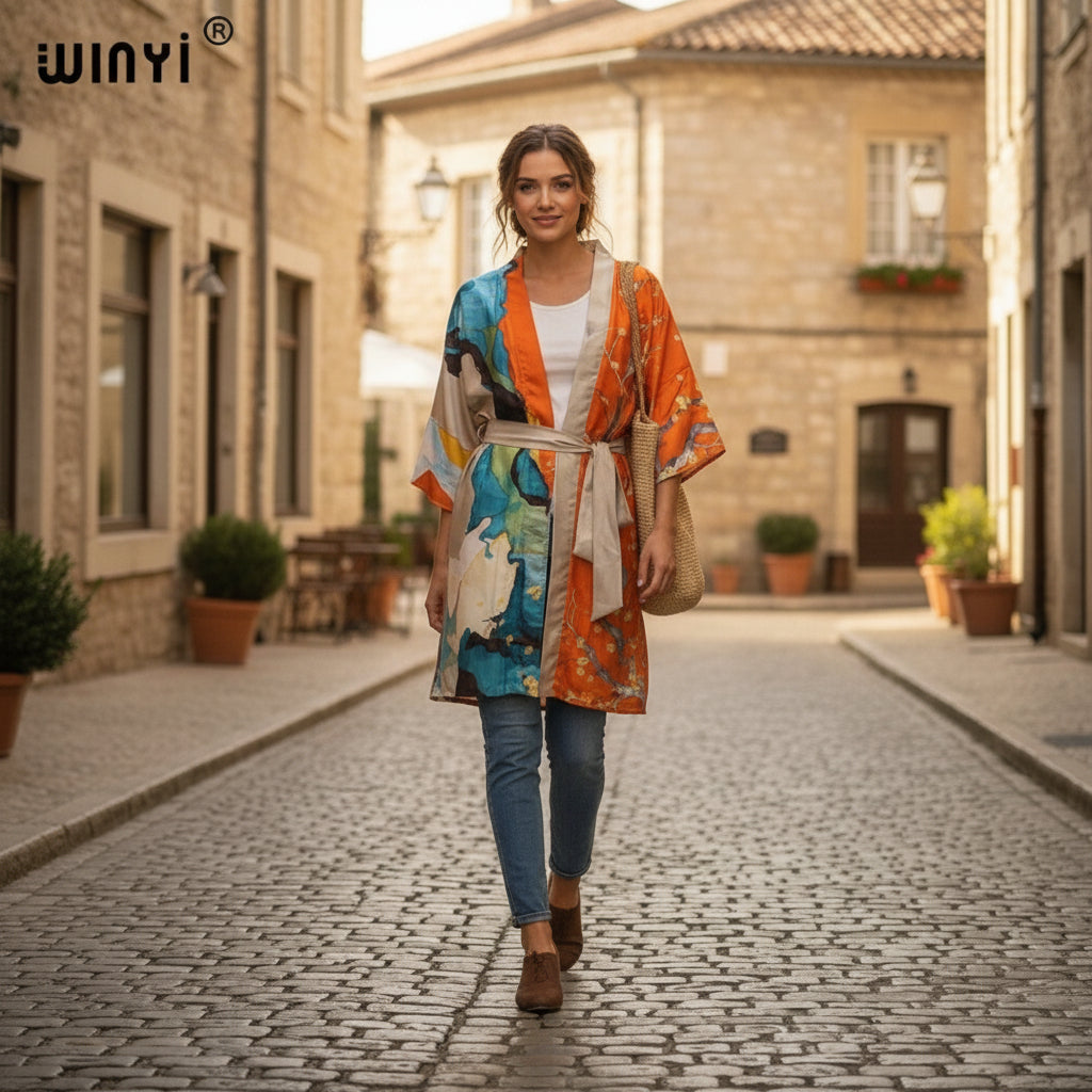 Kimono Long Bohème Imprimé Polyester Femme