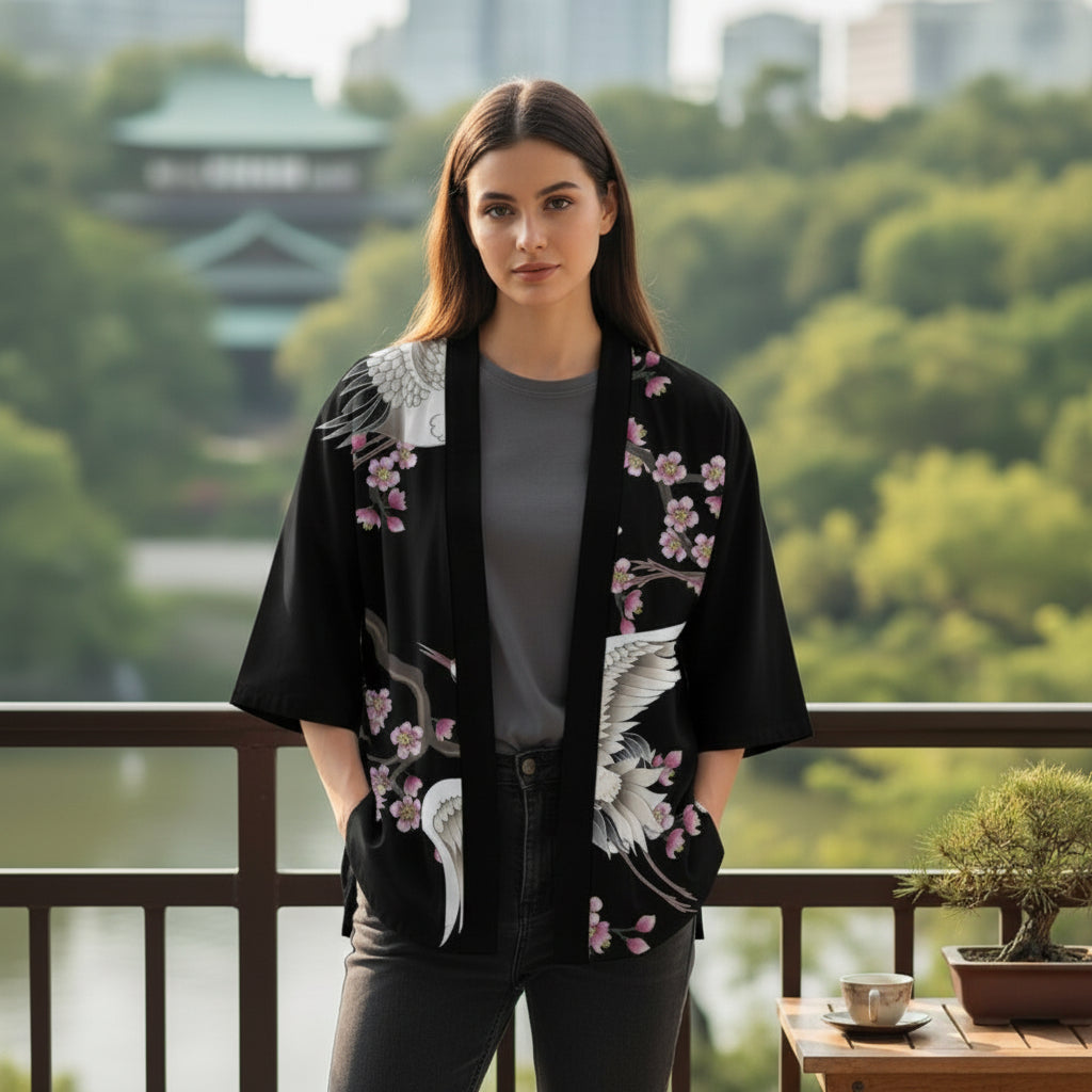 Kimono Court Polyester Motif Oiseau pour Homme et Femme
