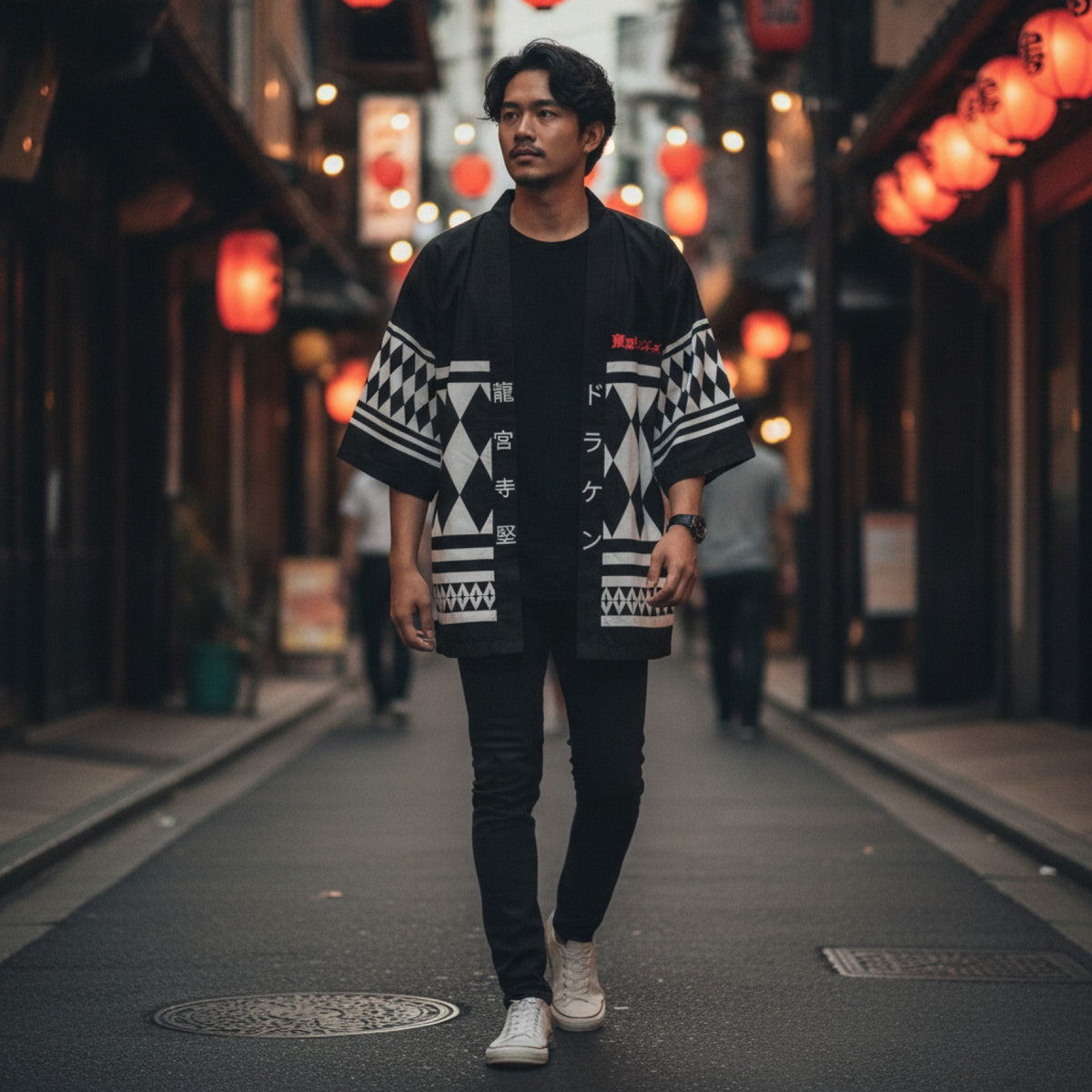 Kimono Court Polyester Style Asiatique Mixte Noir et Blanc