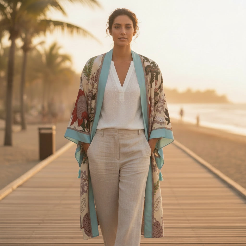 Kimono Long Bohème Femme - Motif Ethnique Fleuri
