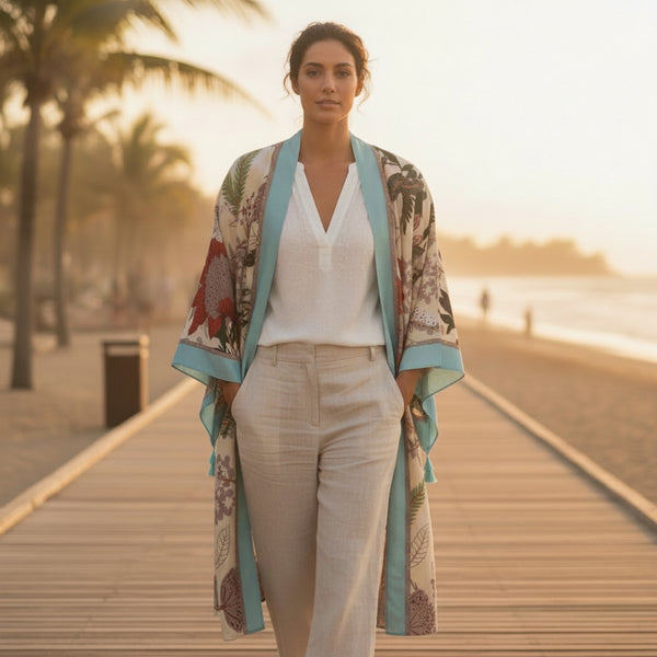 Kimono Long Bohème Femme - Motif Ethnique Fleuri