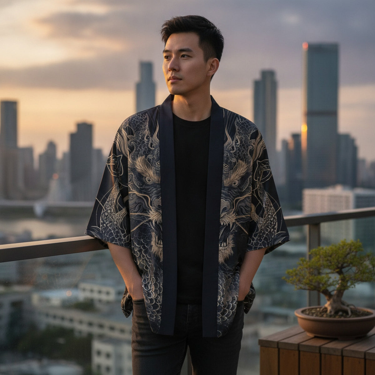 Kimono Court Homme Polyester Manches Trois-Quarts Style Asiatique