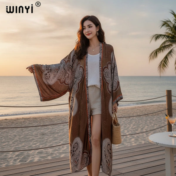 Kimono Long Femme Bohème Imprimé Léger Polyester