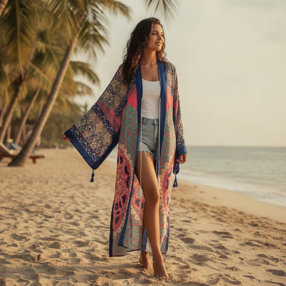 Kimono Long Bohème Femme V-Neck Manches Chauve-Souris Imprimé Fleuri Été