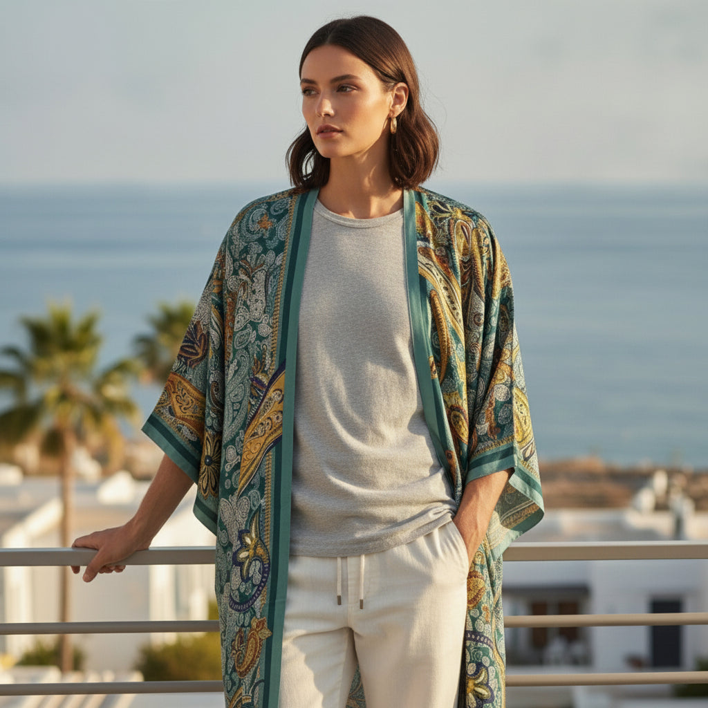Kimono Long Bohème Imprimé Polyester Femme - Style Léger