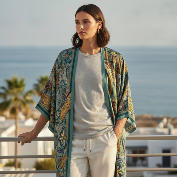 Kimono Long Bohème Imprimé Polyester Femme - Style Léger