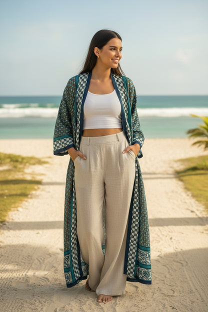 Kimono Long Bohème Imprimé Polyester Léger Femme