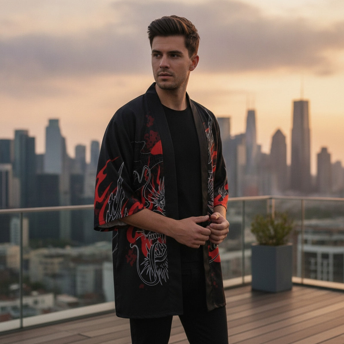 Kimono Court Homme Polyester Manches Trois-Quarts Style Asiatique