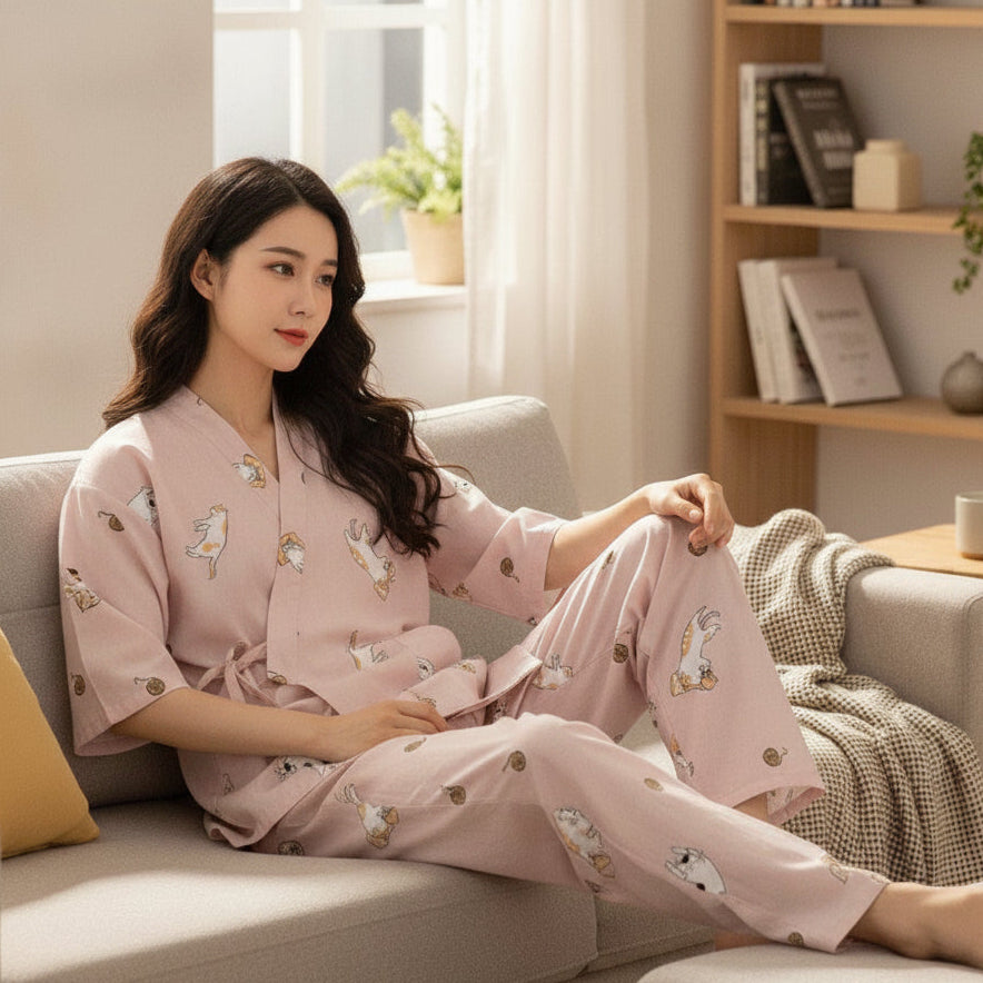 Pyjama Femme en Coton V-Neck Imprimé - CLOUD COTTON STORY