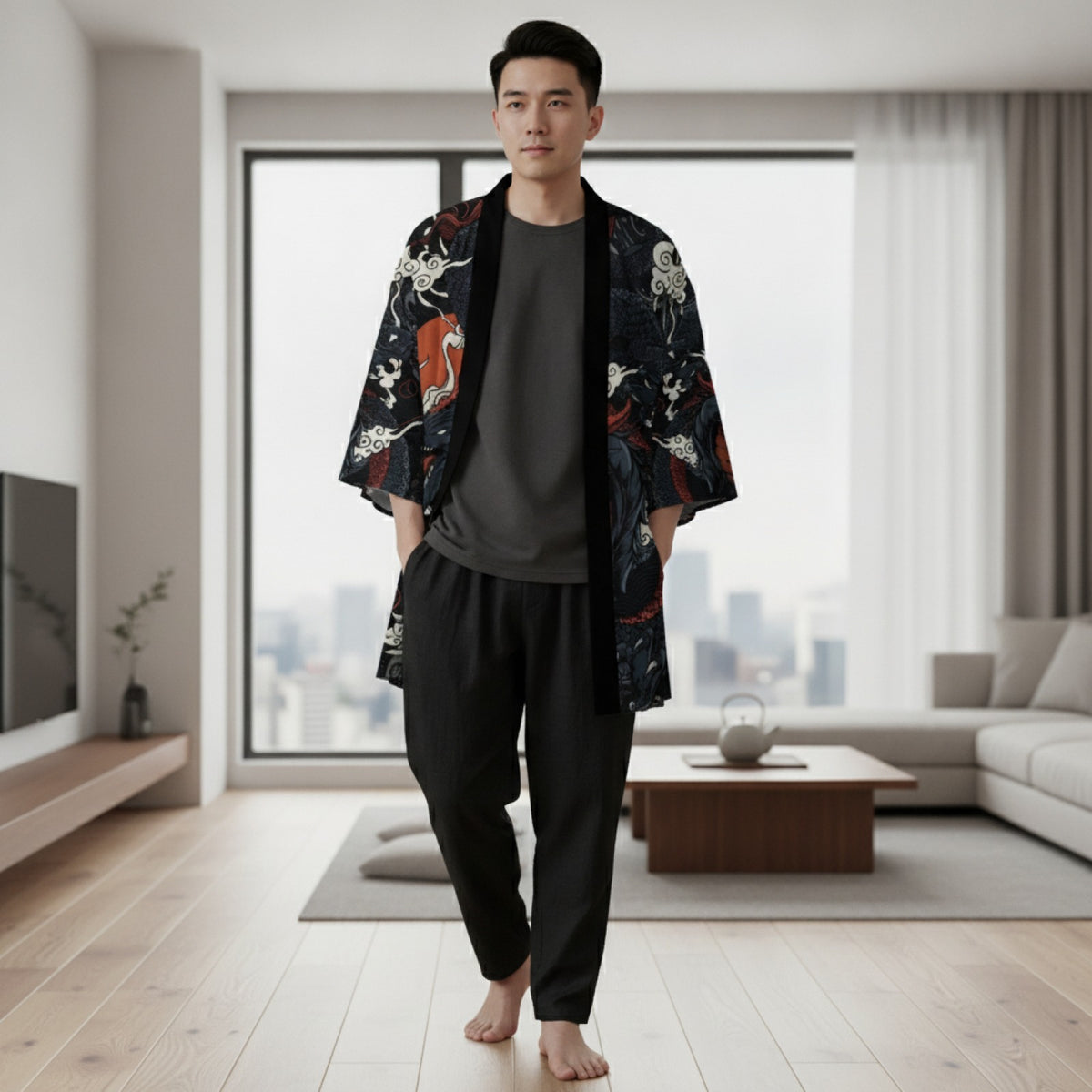 Kimono Court Homme Style Japonais Dragon - Polyester Léger