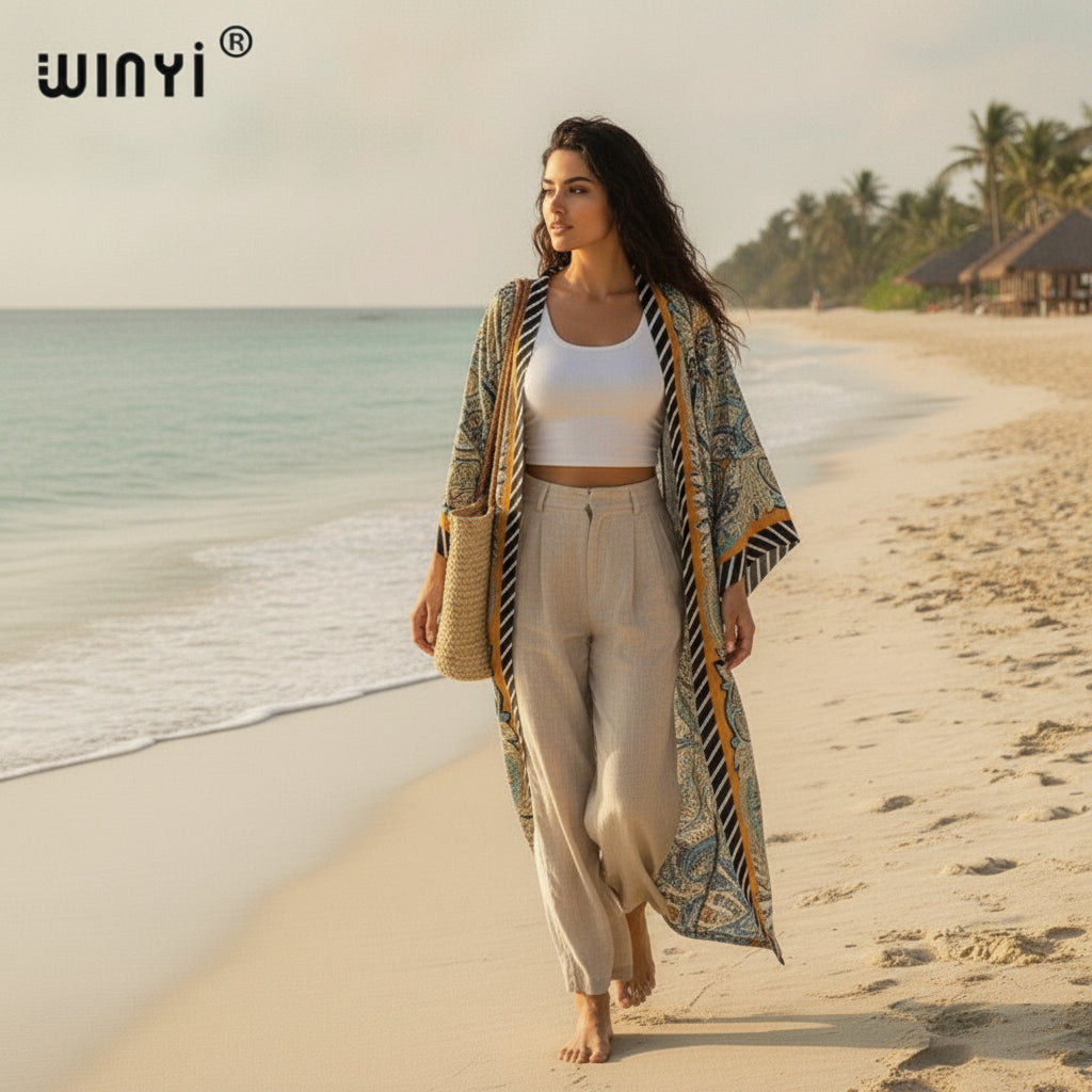 Kimono Long Femme Bohème – Cardigan Fleuri Léger Taille Unique