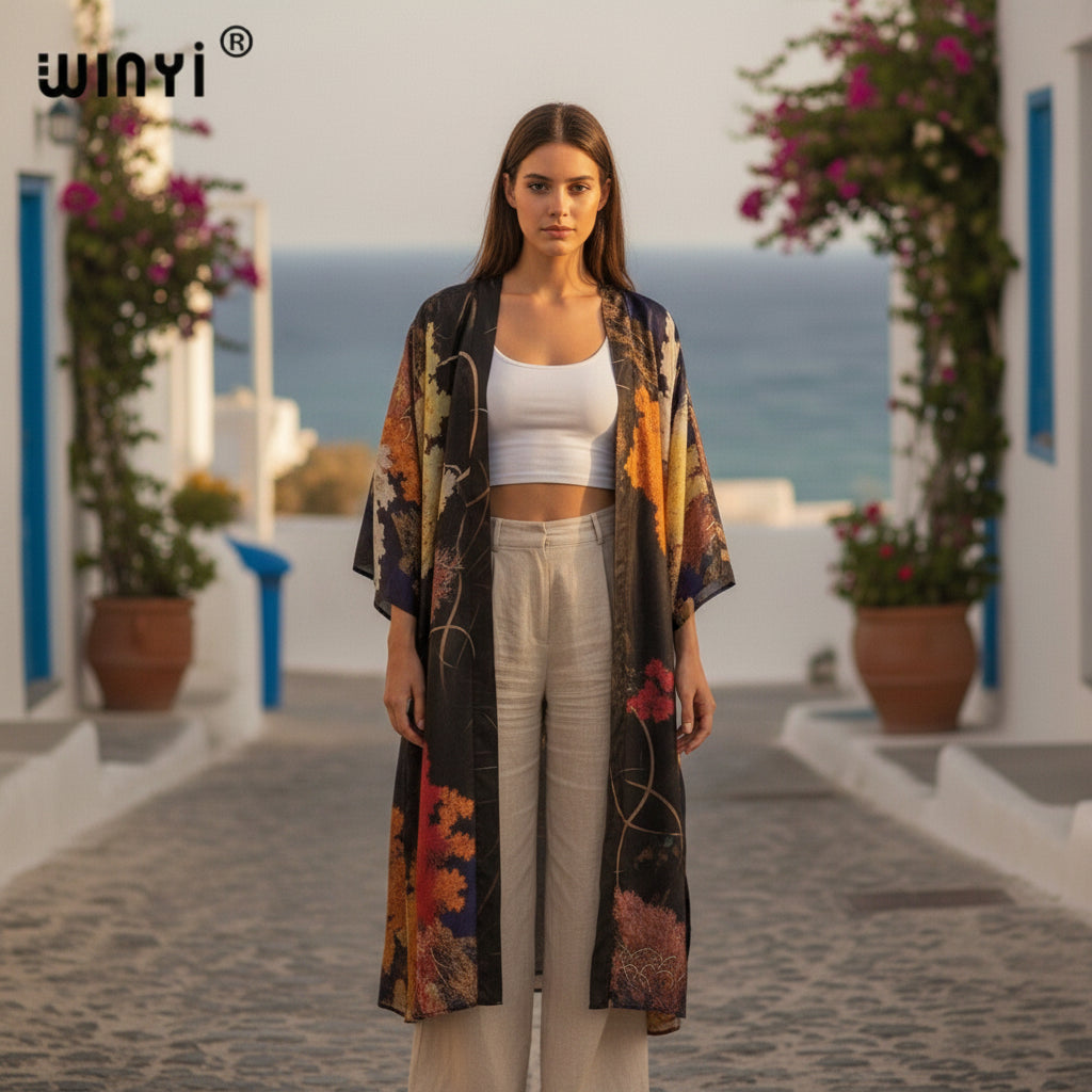 Kimono Long Fleuri Bohème Femme - Polyester Léger Imprimé