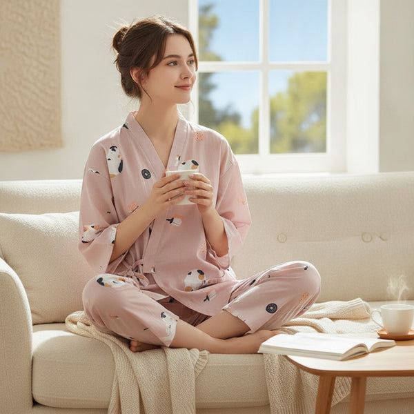 Pyjama Femme Coton Imprimé V-Neck Manches Trois-Quarts - Printemps