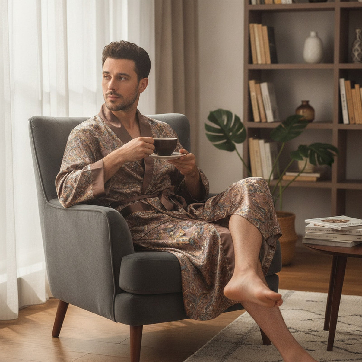 Kimono Mi-long Homme en Satin Imprimé - Confort & Style