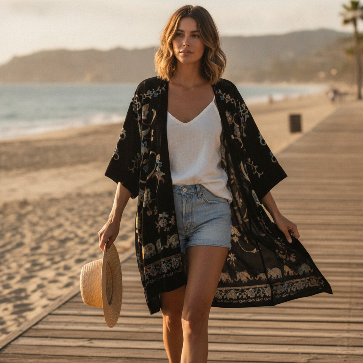 Kimono Court Fleuri en Nylon et Velours pour Femme