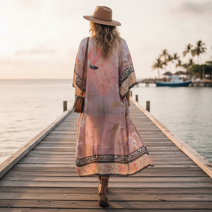 Kimono Long Bohème Imprimé Fleuri Léger pour Femme