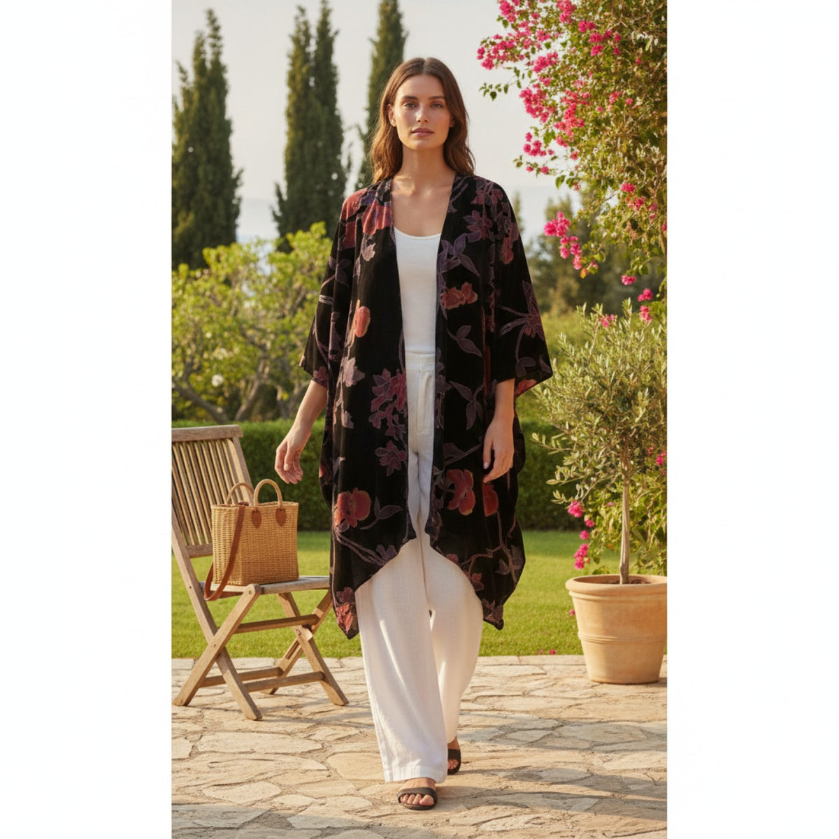 Kimono Court Fleuri en Nylon et Velours pour Femme - Style National