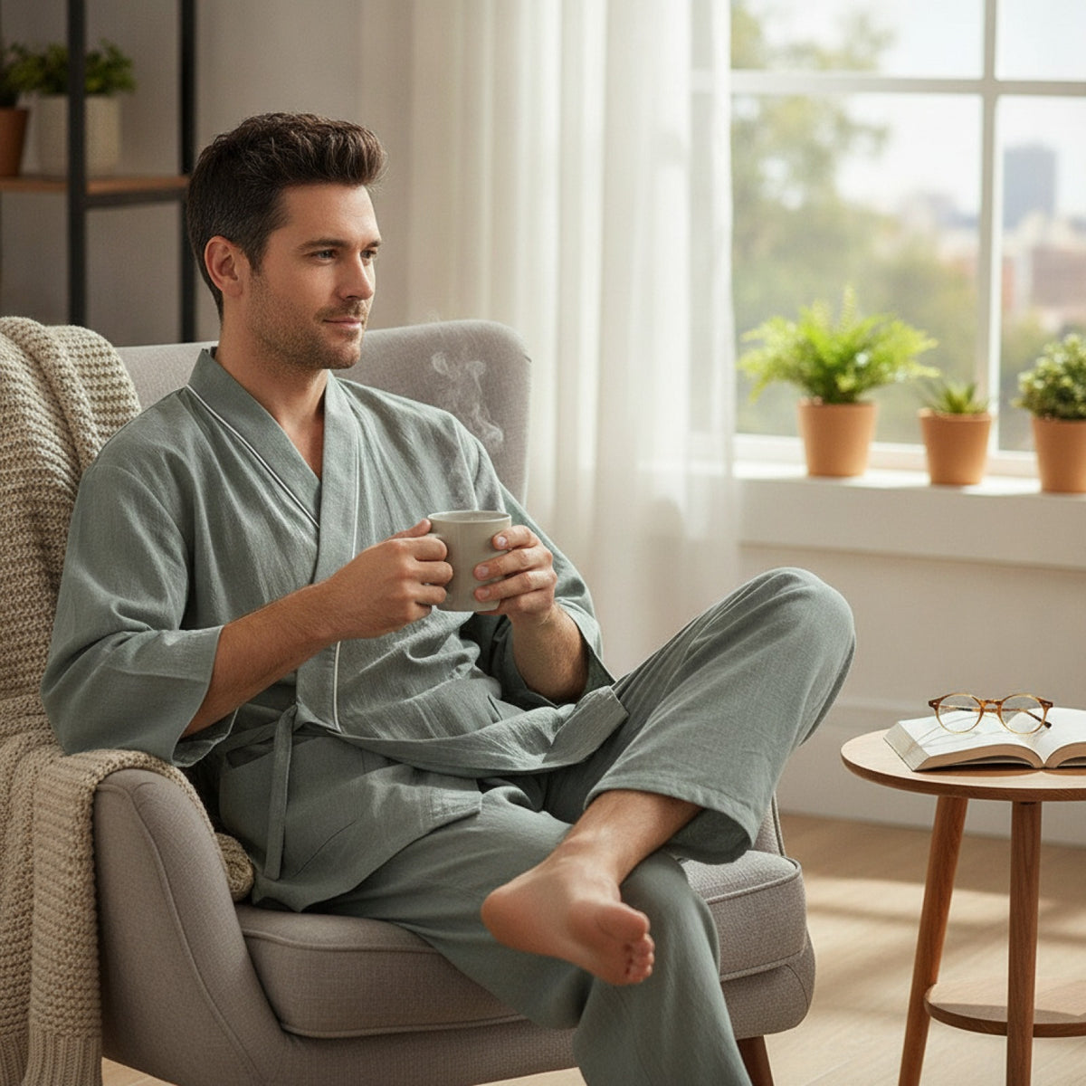 Pyjama Homme en Coton Confortable - Col V et Manches Trois Quarts