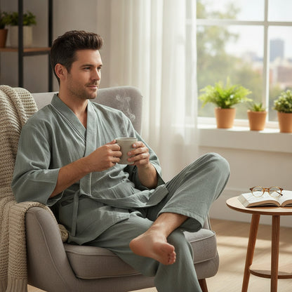 Pyjama Homme en Coton Confortable - Col V et Manches Trois Quarts