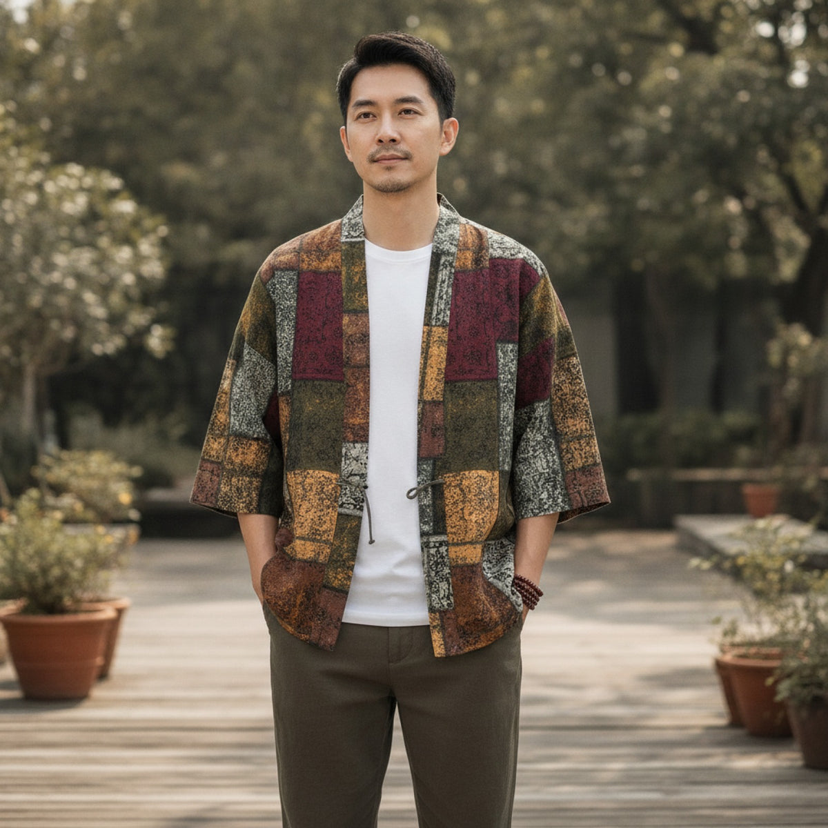 Kimono Court Homme Coton Lin Style Asiatique Manches Trois-Quarts