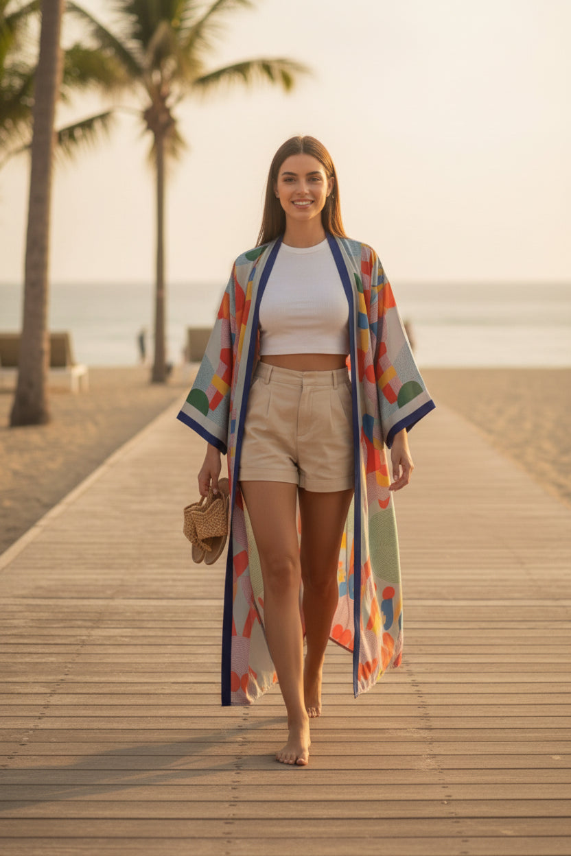 Kimono Long Bohème Imprimé Polyester Femme - Collection Été 2024