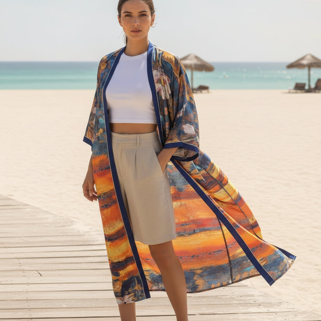 Kimono Long Femme Style Bohème Imprimé Polyester Léger