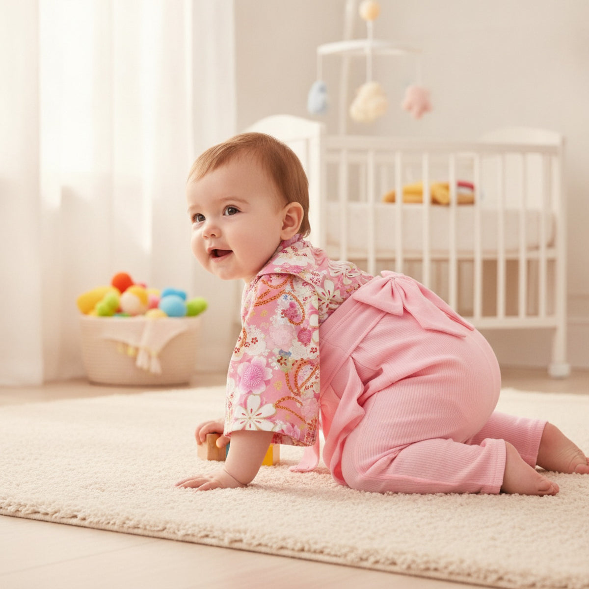 Ensemble Kimono et Pantalon Bébé Fille Style Japonais Fleuri