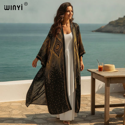Kimono Long Bohème Imprimé Polyester Femme - Style Léger Été 2024