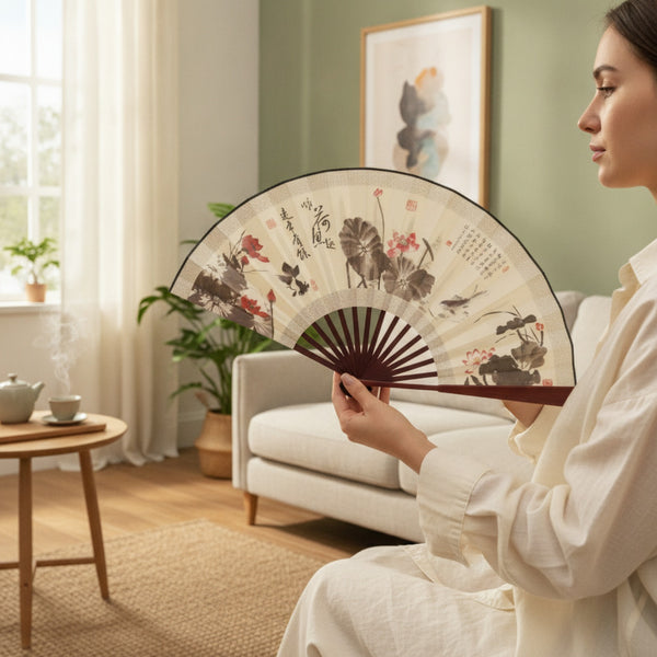Éventail Pliant Chinois en Bambou et Soie - Style Ancien, Gravure Artisanale, Cadeau d'Affaires
