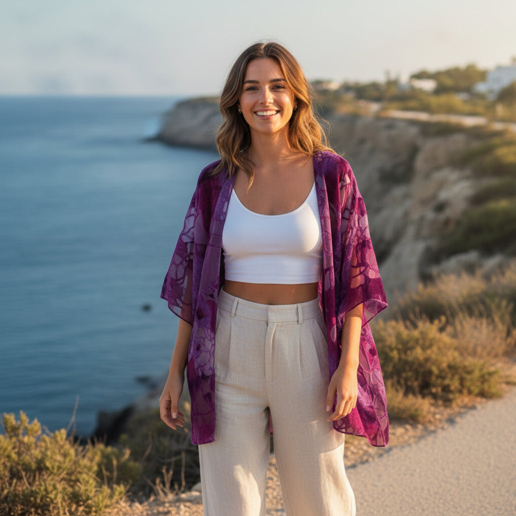 Kimono Court Fleuri en Nylon et Velours - WeHello