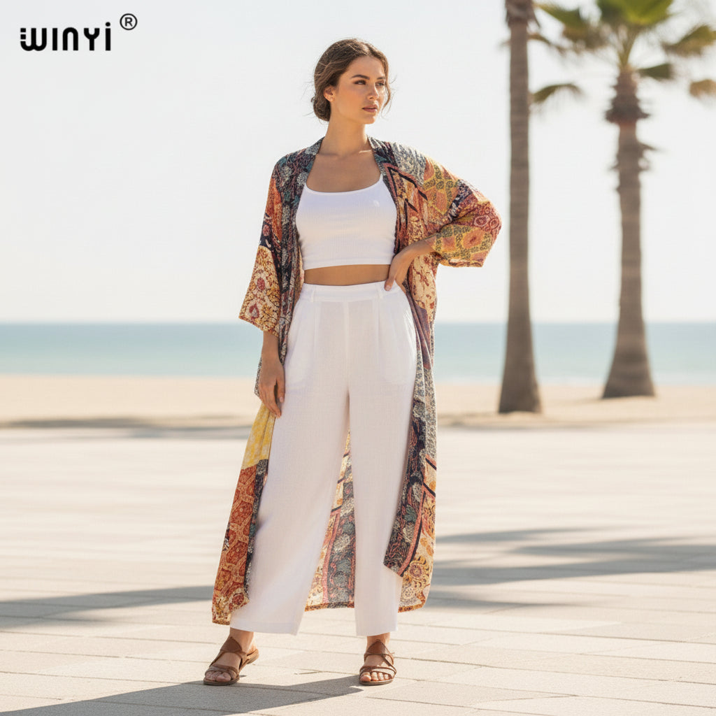 Kimono Long Bohème Imprimé Polyester Femme - Style Léger
