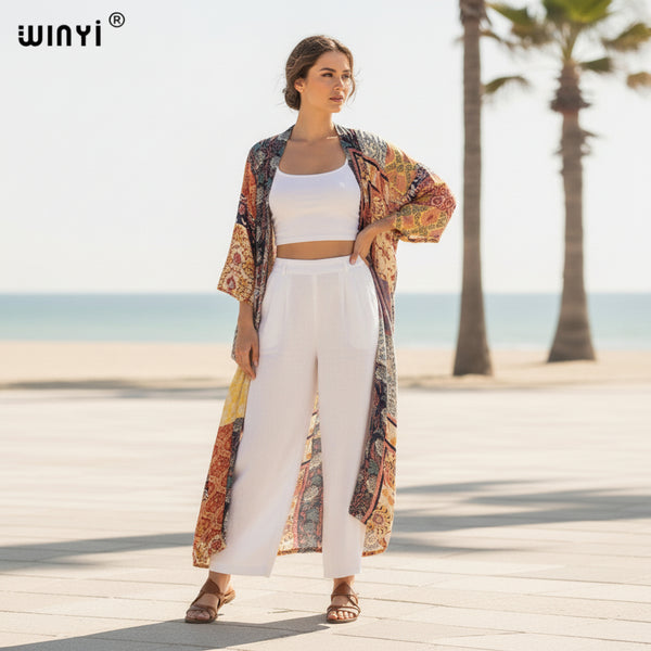 Kimono Long Bohème Imprimé Polyester Femme - Style Léger