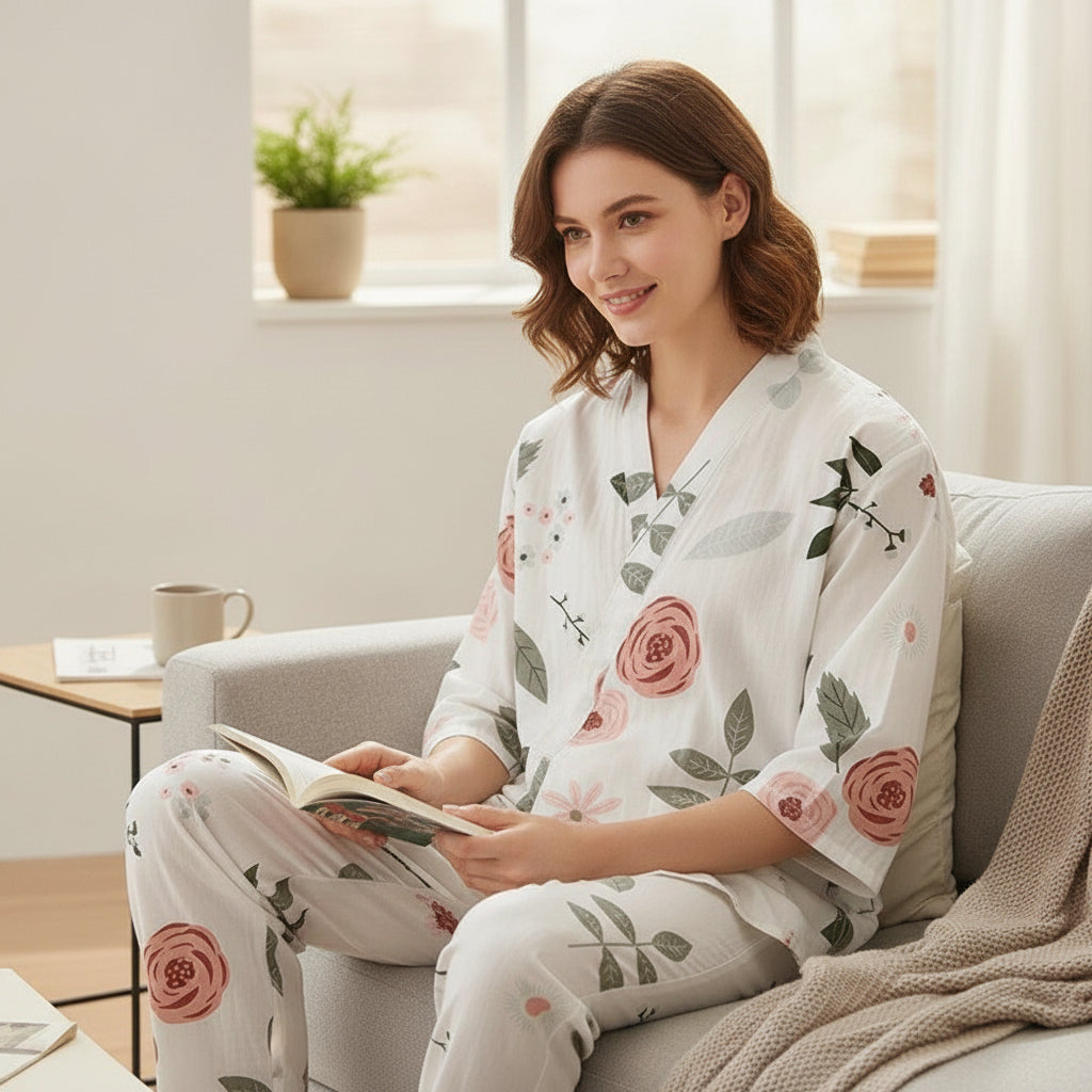 Pyjama Femme en Coton Imprimé V-Neck - CLOUD COTTON STORY
