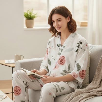 Pyjama Femme en Coton Imprimé V-Neck - CLOUD COTTON STORY