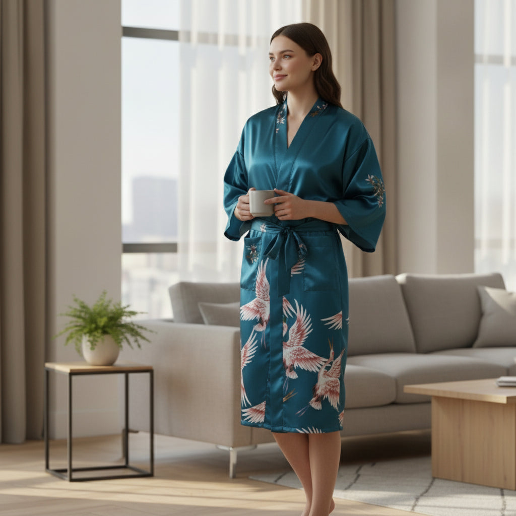 Kimono Mi-long Satin Femme Motif Animal Léger