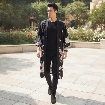 Kimono Court Polyester Motif Japonais Noir - EASTQUEEN